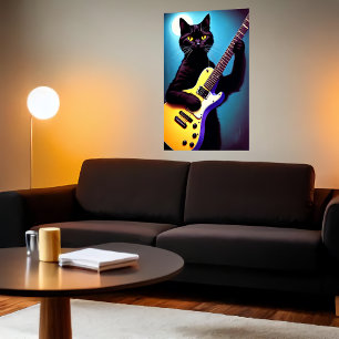 Zwarte kat die gitaar speelt AI Art. Poster