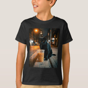 Zwarte kat die ijskoude koffie drinkt, grappig die t-shirt