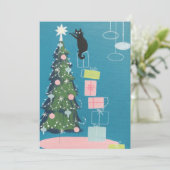  zwarte kat die kerstboom decorreert feestdagenkaart (Staand voorkant)