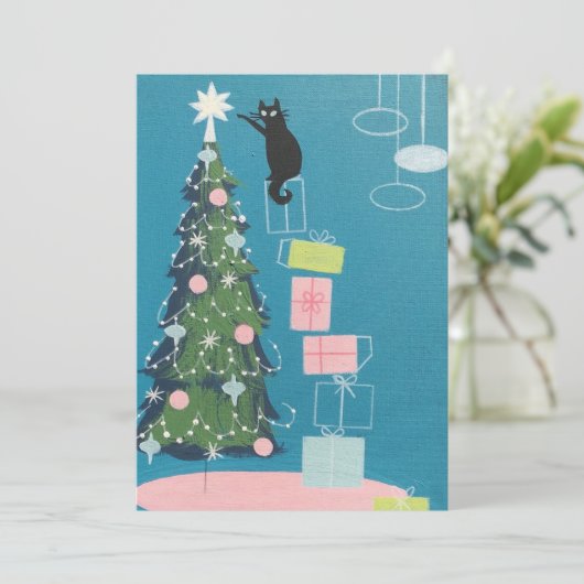  zwarte kat die kerstboom decorreert feestdagenkaart (Staand voorkant)