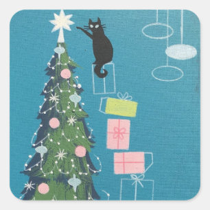  zwarte kat die kerstboom decorreert vierkante sticker