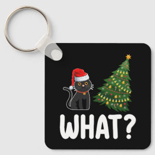 Zwarte kat die Kerstboom duwt Grappig Sleutelhanger