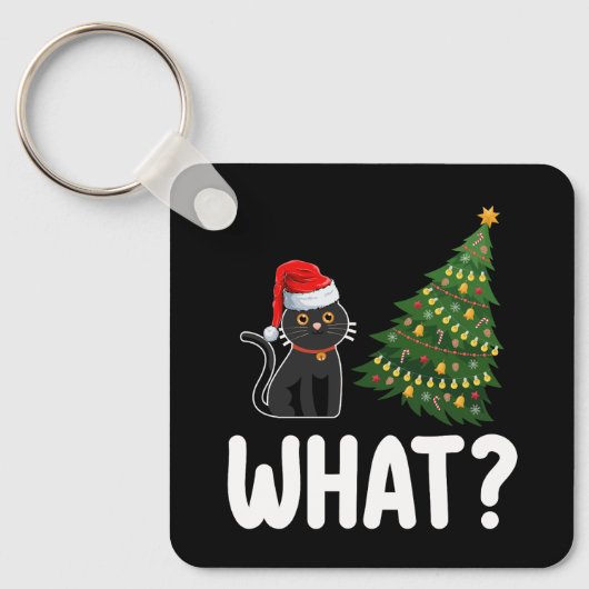 Zwarte kat die Kerstboom duwt Grappig Sleutelhanger (Voorkant)