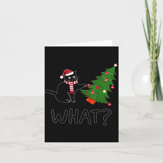 Zwarte Kat Die Kerstboom Kerstcadeaus Duwt Kaart (Voorkant)