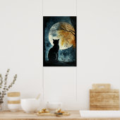 Zwarte kat die naar de maan kijkt poster (Keuken)