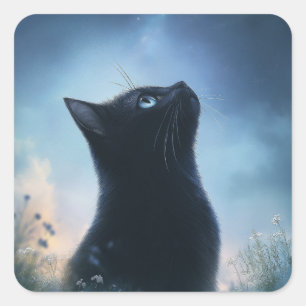 Zwarte Kat die naar een Sterrenhemel staart Vierkante Sticker