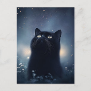 Zwarte Kat die omhoog staart naar de sterrenhemel Briefkaart