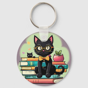 Zwarte kat die op een stapel boeken zit sleutelhanger