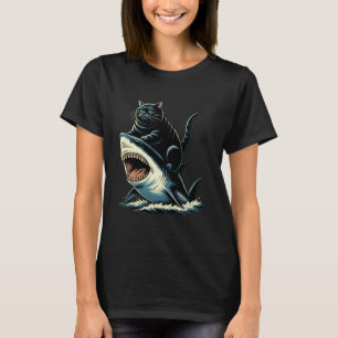 Zwarte Kat die op Haai Rijdt Grappige Grafiek T-shirt