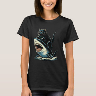 Zwarte Kat die op Haai Rijdt Grappige Grafische T-shirt