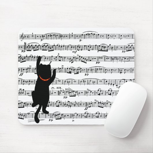 Zwarte kat die op muziek klimt muismat (Met muis)