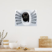 Zwarte kat die opkijkt uit een witte washamer poster (Keuken)