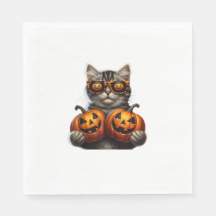 Zwarte kat die pompoen vasthoudt Halloween Cat Lov Servet