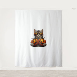 Zwarte kat die pompoen vasthoudt Halloween Cat Lov Wandkleed