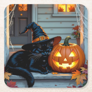 Zwarte kat die slaapt op pompoen Halloween Kartonnen Onderzetters