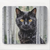 Zwarte kat die uit nat venster kijkt muismat (Voorkant)