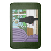 Zwarte kat die uit venster kijkt badmat (Voorkant Verticaal)