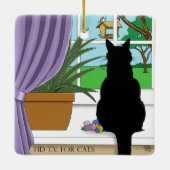 Zwarte kat die uit venster kijkt keramisch ornament (Achterkant)