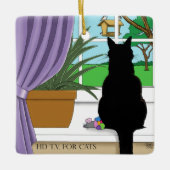 Zwarte kat die uit venster kijkt keramisch ornament (Voorkant)
