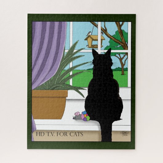 Zwarte kat die uit venster kijkt legpuzzel (Verticaal)