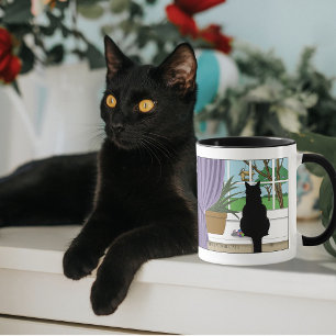 Zwarte kat die uit venster kijkt mok