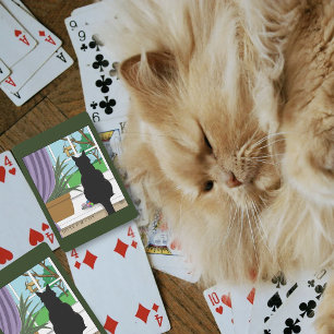 Zwarte kat die uit venster kijkt pokerkaarten