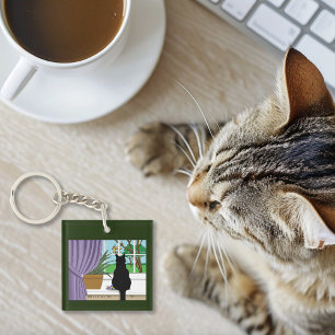 Zwarte kat die uit venster kijkt sleutelhanger
