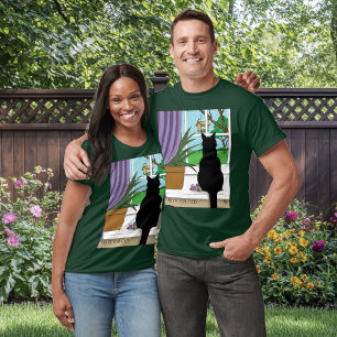 Zwarte kat die uit venster kijkt t-shirt