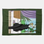 Zwarte kat die uit venster kijkt theedoek (Horizontaal)