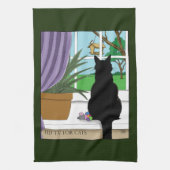Zwarte kat die uit venster kijkt theedoek (Verticaal)