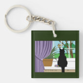 Zwarte kat die uit Venster kijkt Zakelijke logo Sleutelhanger (Voorkant)