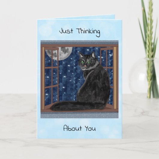 Zwarte Kat die uit Venster op Stars en maan kijkt Kaart (Voorkant)