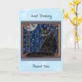 Zwarte Kat die uit Venster op Stars en maan kijkt Kaart (Gele Bloem)