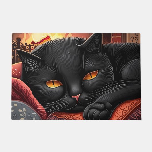 Zwarte kat die voor een open haard ligt deurmat (Voorkant)