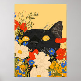 Zwarte Kat die zich Verschuilt tussen Bloemen Poster