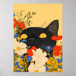 Zwarte Kat die zich Verschuilt tussen Bloemen Poster