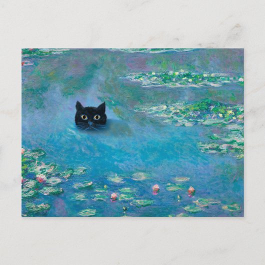 Zwarte kat die zwemt in water Lilies ontkoppelen F Briefkaart (Voorkant)