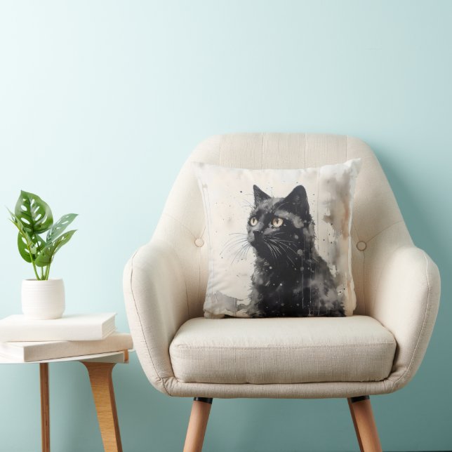 Zwarte Kat Dier Inkt Schildering Kussen (Stoel)