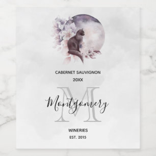 Zwarte kat door een magische volle moonwijn wijn etiket