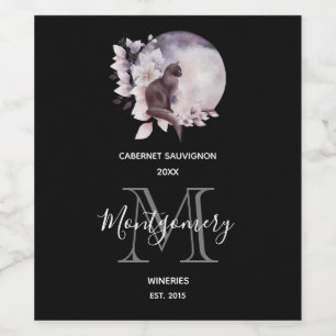 Zwarte kat door een magische volle moonwijn wijn etiket