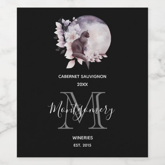 Zwarte kat door een magische volle moonwijn wijn etiket (Enkel label)