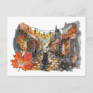 Zwarte Kat Dorpsweg Halloween Aquarel Briefkaart