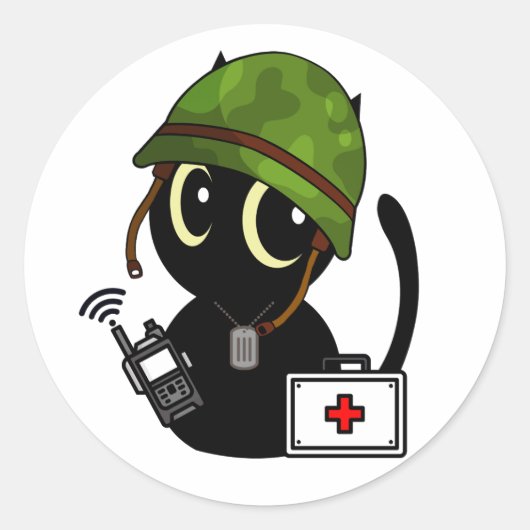 Zwarte kat draagt legerhelm ronde sticker (Voorkant)