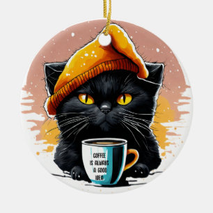 Zwarte kat drink een pet koffie Ornament