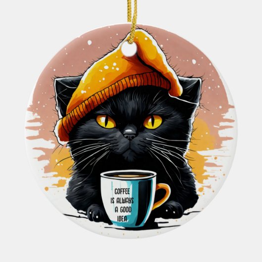 Zwarte kat drink een pet koffie Ornament (Voorkant)