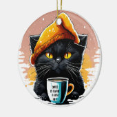 Zwarte kat drink een pet koffie Ornament (Links)