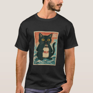 Zwarte Kat Drink Melk Karton Anime Japans Grappig T-shirt