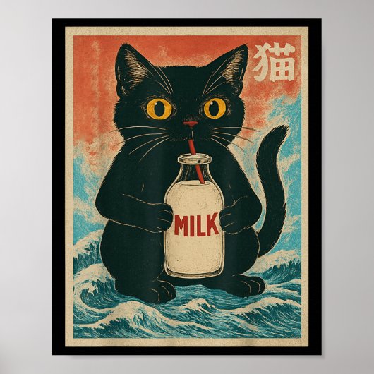 Zwarte Kat Drink Melkkarton Anime Japans Grappig G Poster (Voorkant)