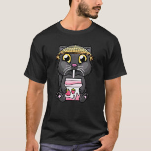 Zwarte Kat Drinkende Aardbei Melk Kitten Meisjes B T-shirt