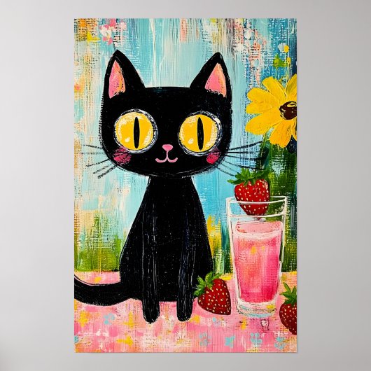 Zwarte Kat Drinkt Aardbeien Sap Poster (Voorkant)